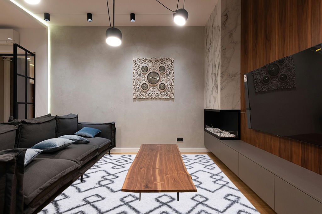 Claar Boho Geometric Diamonds Indoor Plush Shag Area Rug Mistana Rug Size ... in Dark Wood Living Room with Black Couch