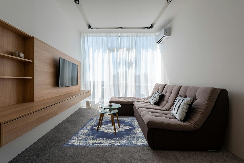 ‎Navy Blue ‎Modern ‎Lightweight ‎Living Room ‎Area Rug in Grey Living Room with Brown Couch