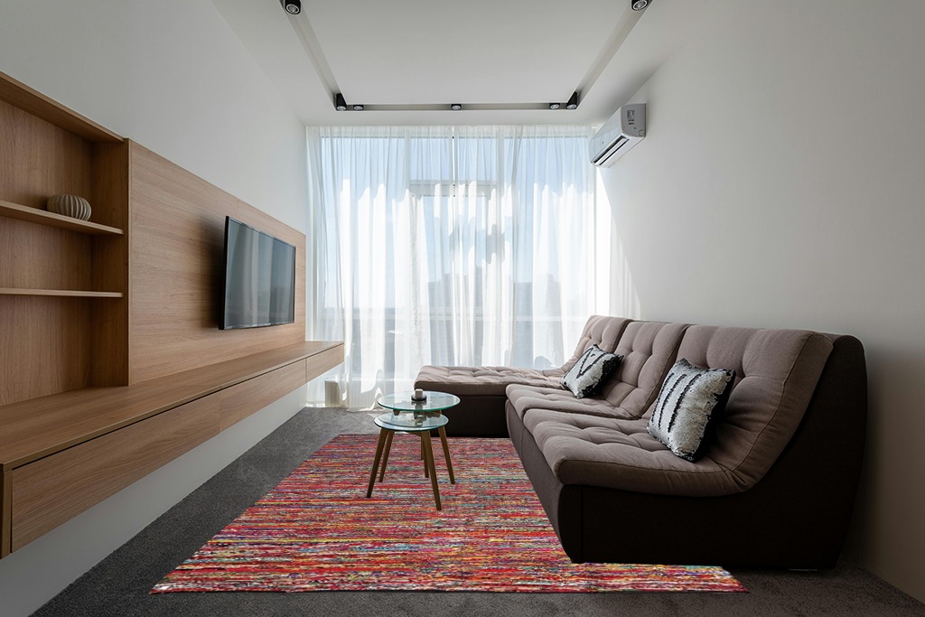 Cotton Multi Chindi Hand Woven Rugs THE BEER VALLEY in Grey Living Room with Brown Couch