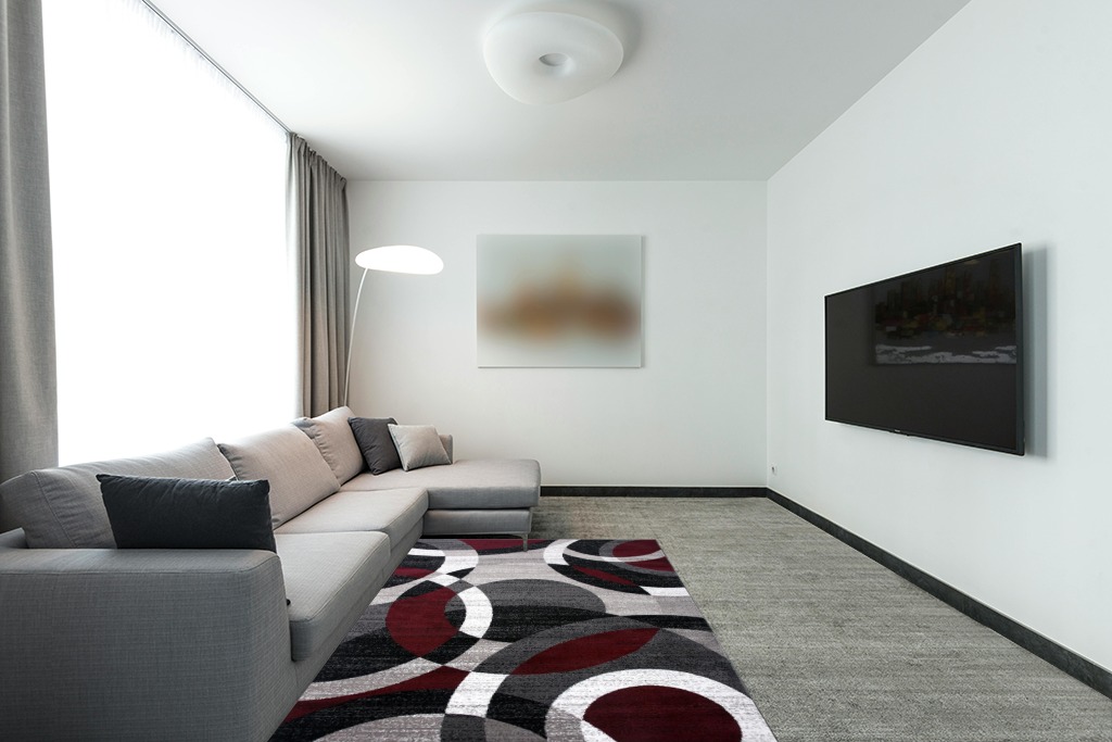 Rugshop Contemporary Abstract Circles Perfect for high Traffic Areas of Your Living Room,Bedroom,Home Office,Kitchen Easy Cleaning Area Rug 5'3" x 7'3" Red in Modern Living Room with Grey Couch