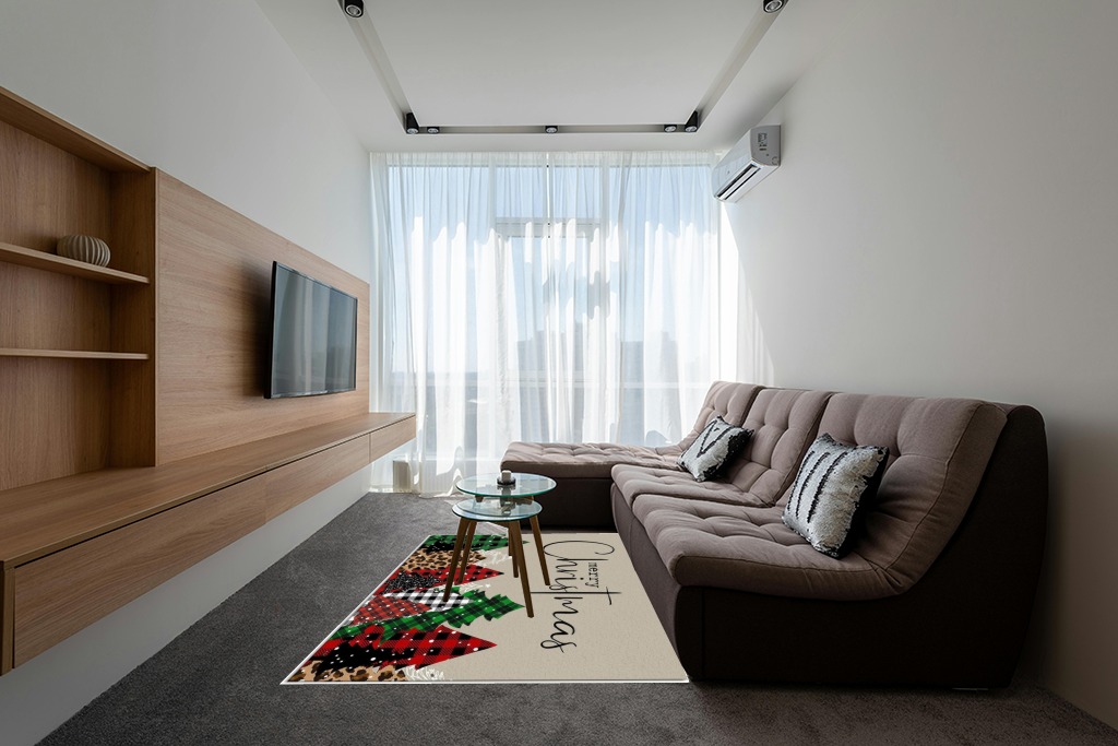 Merry Christmas Area Rug 5 x 8, Washable Bedroom Rug Non-Slip Kitchen Rugs Non Shedding Floor Cover Mat Runner Rug for Living Room Dining Room Outdoor Carpet Christmas Tree Brown Texture in Grey Living Room with Brown Couch