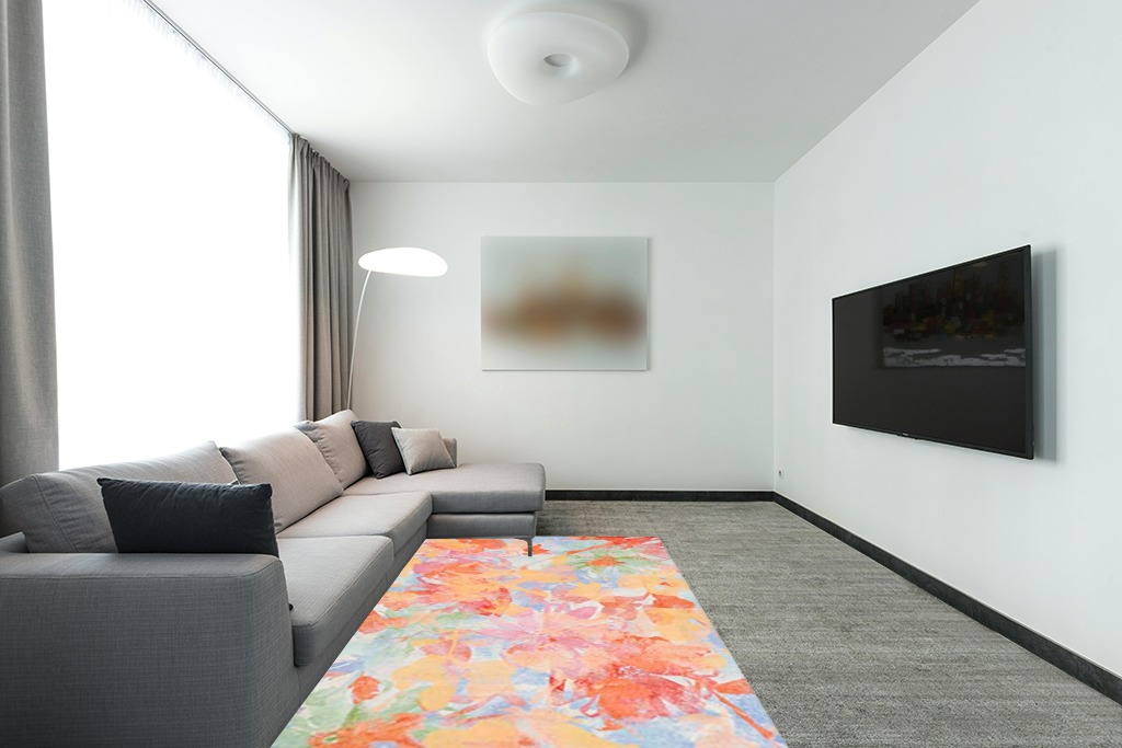 SAFAVIEH Florist Collection 5' x 8' Yellow / Plum FLS154C Colorful Floral Distressed Area Rug in Modern Living Room with Grey Couch