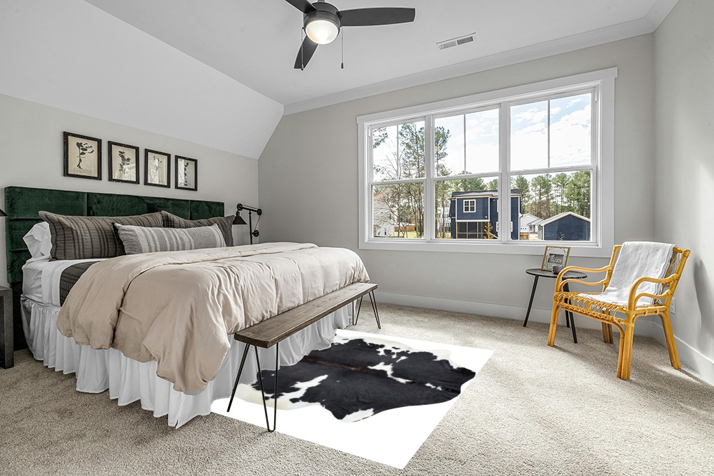 HIDES BAZAAR Dark Tricolor Cowhide Rug, Premium Quality Genuine Leather Cow Hide, Dark Brown, Black and White Area Rug (6x7 ft) in Grey Traditional Bedroom with King Bed