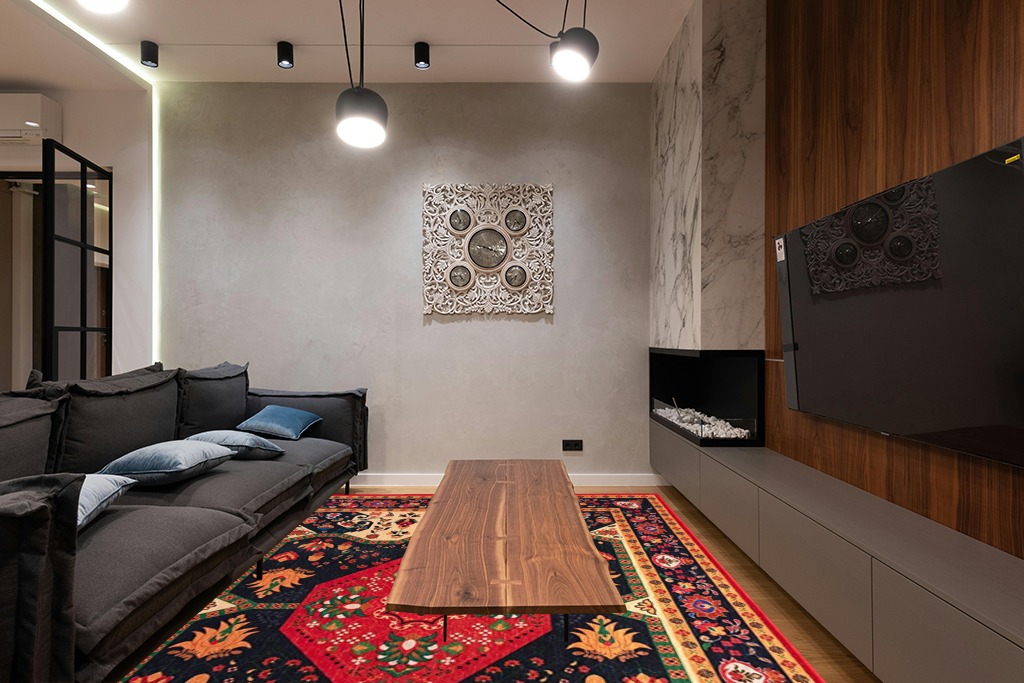 YIHOUSE Dornier Collection 9'x12' Area Rugs in Dark Wood Living Room with Black Couch