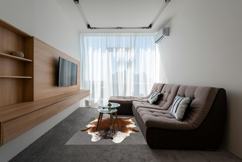 Large Cowhide Rug Tricolor Cowhide Cow Skin Leather Area Rug, Hair On Cow Hide Rugs 5 X 7 ft Black, Brown and White in Grey Living Room with Brown Couch