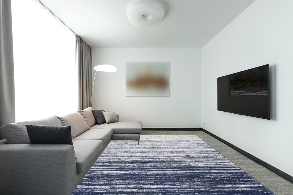 SAFAVIEH Adirondack Collection Area Rug - 9' x 12', Navy & Ivory, Modern Ombre Design, Non-Shedding & Easy Care, Ideal for High Traffic Areas in Living Room, Bedroom (ADR113N) in Modern Living Room with Grey Couch