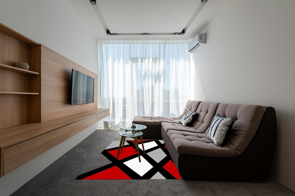 Red and White Black Geometry Area Rugs, Modern Abstract Entryways Mat Fluffy Soft Machine Washable Breathable Durable for Room Living Room Indoor Outdoor Hallway, 5ft x 7ft in Grey Living Room with Brown Couch