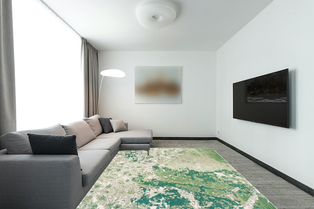 SAFAVIEH Madison Collection Area Rug - 8' x 10', Green & Ivory, Modern Abstract Design, Non-Shedding & Easy Care, Ideal for High Traffic Areas in Living Room, Bedroom (MAD499Y) in Modern Living Room with Grey Couch