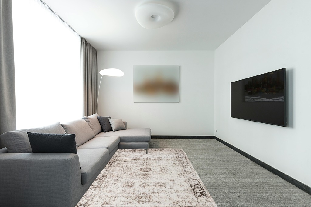 Unique Loom Sofia Collection Area Rug - Casino (5' 3" x 8' Rectangle, Beige/ Tan) in Modern Living Room with Grey Couch