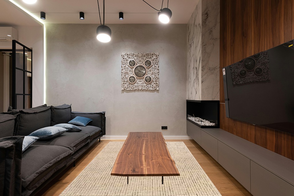 Rugs USA x Arvin Olano Melrose Checked Wool Area Rug - 6x9 Area Rug Farmhouse Cream for Living Room Bedroom Dining Room Kitchen in Dark Wood Living Room with Black Couch