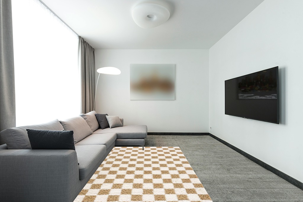 Hauteloom Atira Checkered Shag Area Rug - Checkboard Design - High Pile Fluffy Shaggy Touch - Square Tiles - Kids Room, Nursery, Living Room Shaggy Carpet - Yellow, Cream, White - 5'3" x 7'3" in Modern Living Room with Grey Couch