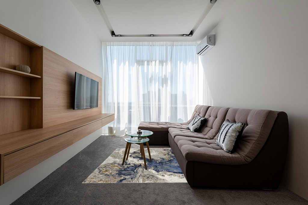 Blue Contemporary Fade Resistant Living Room Area Rug in Grey Living Room with Brown Couch