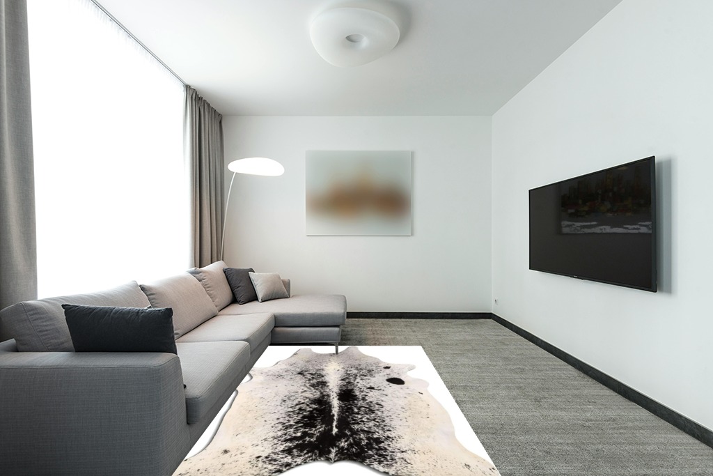 Cowhide Area Rug in Modern Living Room with Grey Couch