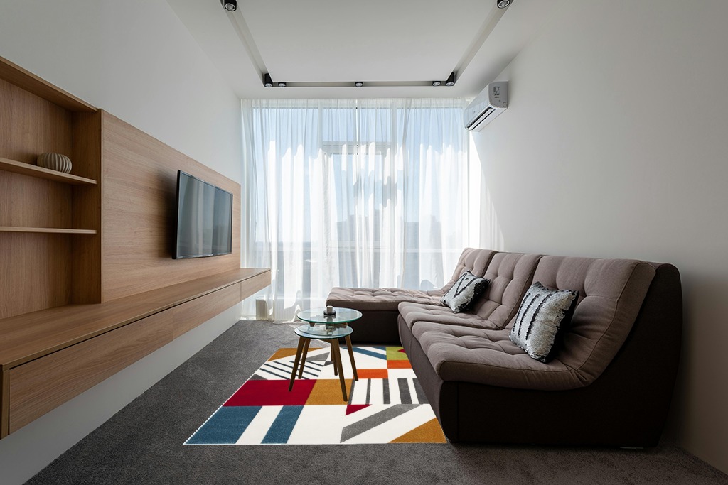SAFAVIEH Hollywood Collection Area Rug - 5'3" x 7'6", Ivory & Peacock Blue, Mid-Century Modern Design, Non-Shedding & Easy Care, Ideal for High Traffic Areas in Living Room, Bedroom (HLW709B) in Grey Living Room with Brown Couch