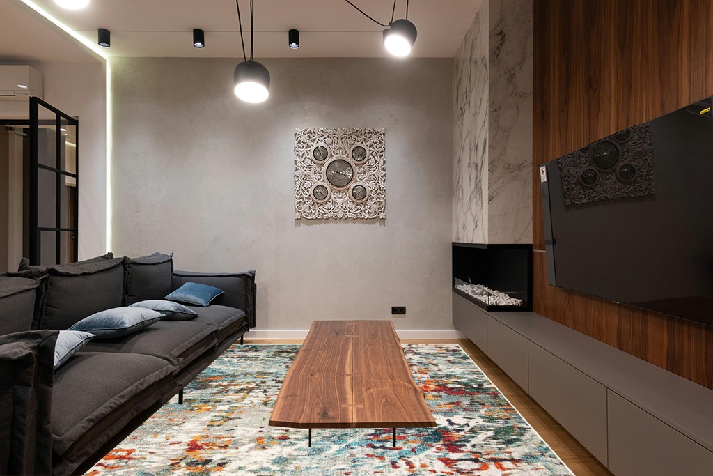 SAFAVIEH Madison Collection Area Rug - 9' x 12', Grey & Blue, Modern Abstract Design, Non-Shedding & Easy Care, Ideal for High Traffic Areas in Living Room, Bedroom (MAD471F) in Dark Wood Living Room with Black Couch