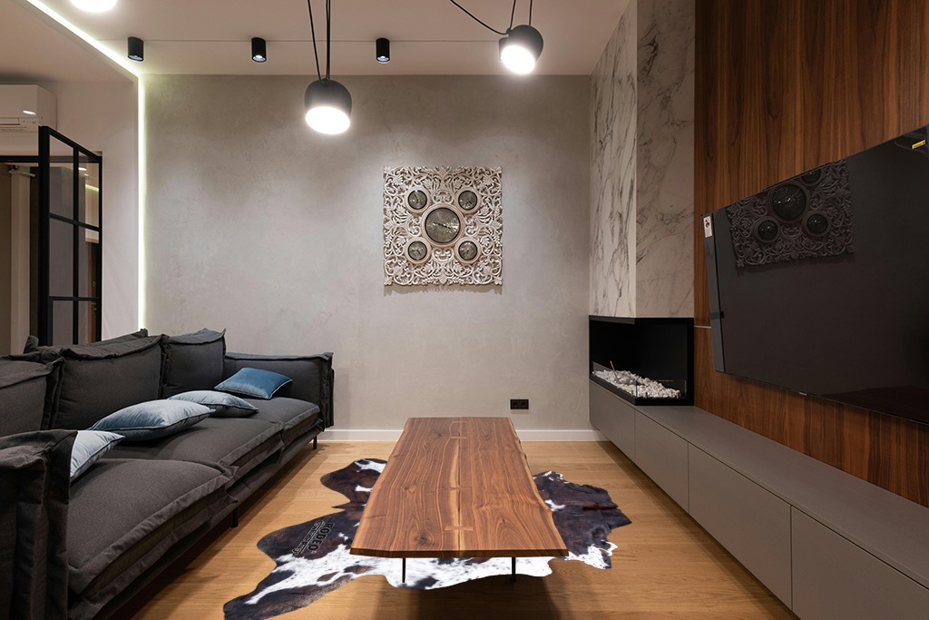 rodeo Genuine Cowhide Rug: Hand-Picked & Authentic Real Cowhide Rug for Country Home Decor - Cow Hide Rug Large Sized at 6x7ft - Cozy, Unique, Durable, Leather Cow Carpet Rugs - Brindle Nutella in Dark Wood Living Room with Black Couch
