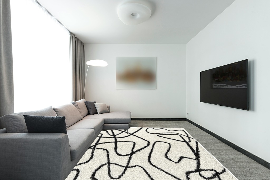 Abani Abstract Design Ivory & Black 7'9" x 10'2" (8x10) Bedroom Carpet Rugs No-Shed Bold Contemporary Squiggle Line Print Shag Area Rug in Modern Living Room with Grey Couch