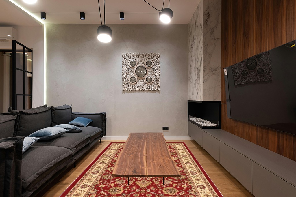 Unique Loom Sialk Hill Collection Area Rug - Washington (6' 1" x 9' Rectangle, Burgundy/ Cream) in Dark Wood Living Room with Black Couch