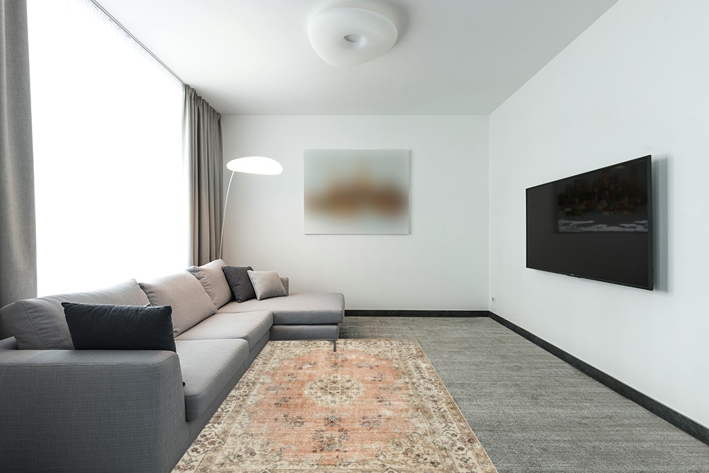 nuLOOM Ren Vintage Floral Machine Washable Area Rug in Modern Living Room with Grey Couch