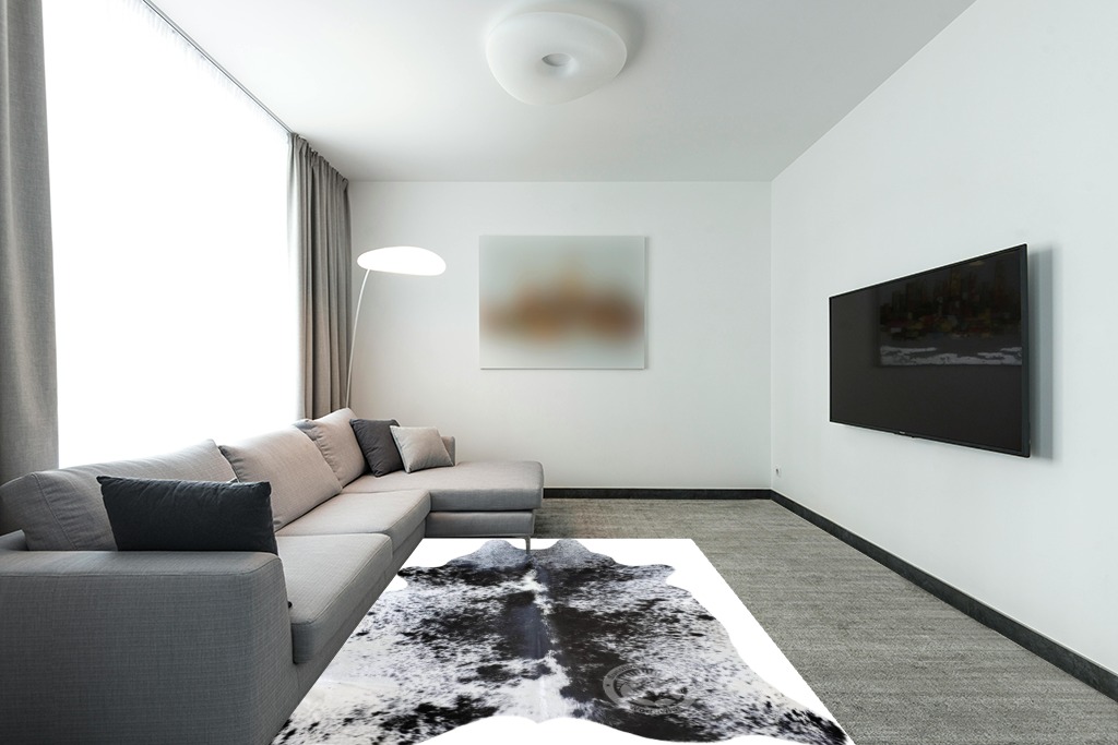 Sunshine Cowhides Genuine Salt and Pepper Black and White Longhorn Cowhide Rug - Luxurious Cow Rug for Bedroom, Living Room, and Home Decor Enthusiasts - Stylish Masterpiece - 6x7ft (180x210cm) in Modern Living Room with Grey Couch