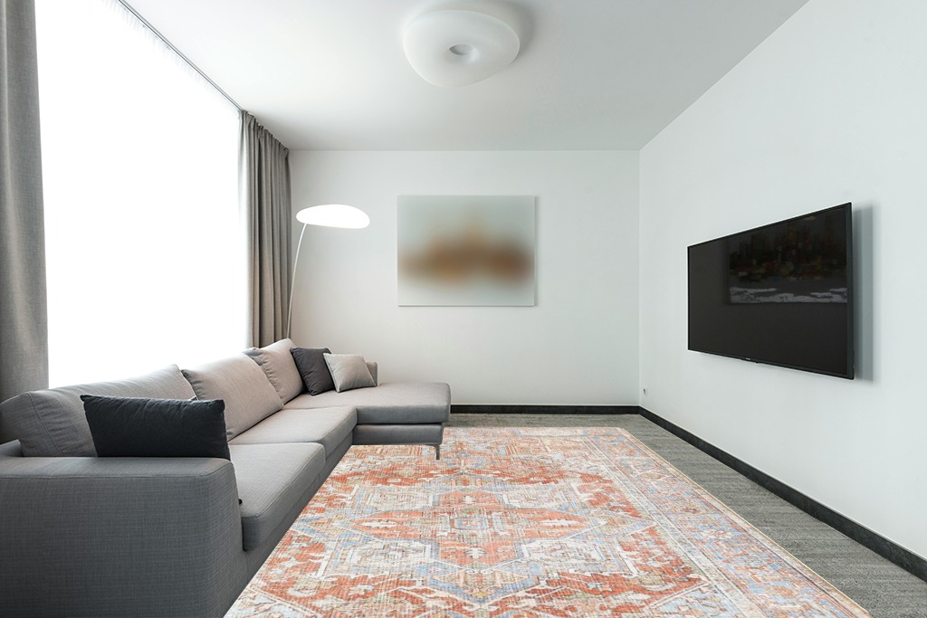 Hauteloom Maayon Persian Oriental Living Room, Bedroom, Dining Room Area Rug - Machine Washable Carpet - Traditional Medallion - Bohemian Vintage - Red, Blue, Green, Orange - 8'10" x 12' in Modern Living Room with Grey Couch