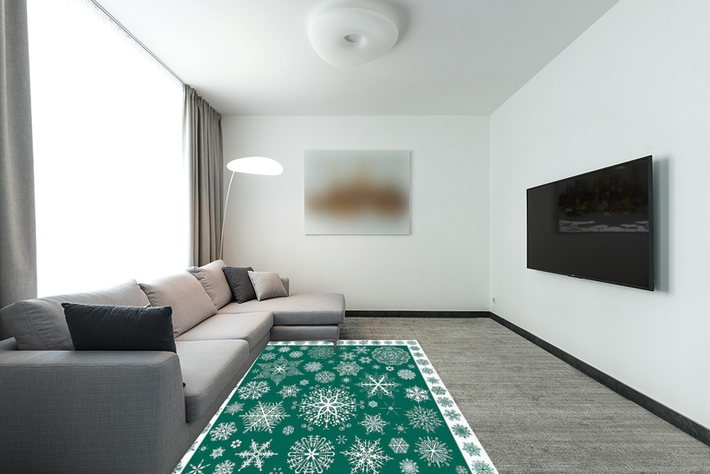Christmas Area Rug 5 x 8, Washable Bedroom Rug Non-Slip Kitchen Rugs Non Shedding Floor Cover Mat Runner Rug for Living Room Dining Room Outdoor Carpet Seasonal Green Snowflakes Winter Xmas in Modern Living Room with Grey Couch
