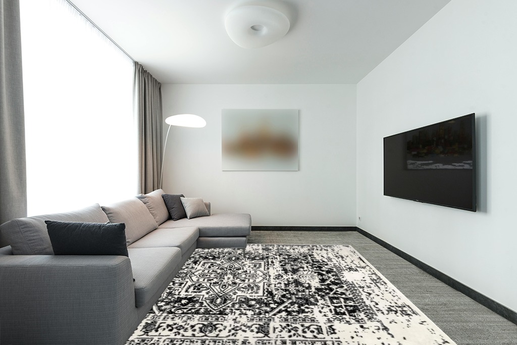 nuLOOM Jordana Vintage Distressed Medallion Area Rug, 8x10, Black and White in Modern Living Room with Grey Couch