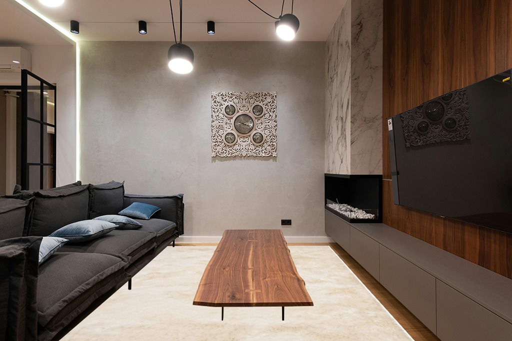 2.5-inch Thick Accent Rug in Dark Wood Living Room with Black Couch