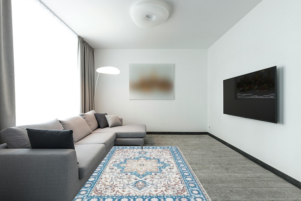 CHOSHOME Area Rug - 5x7 Low-Pile Machine Washable Rug Vintage Rug with Non-Slip Backing, Non-Shedding Indoor Floor Rugs for Living Room Bedroom Kitchen Laundry Home Office Carpet, Blue in Modern Living Room with Grey Couch