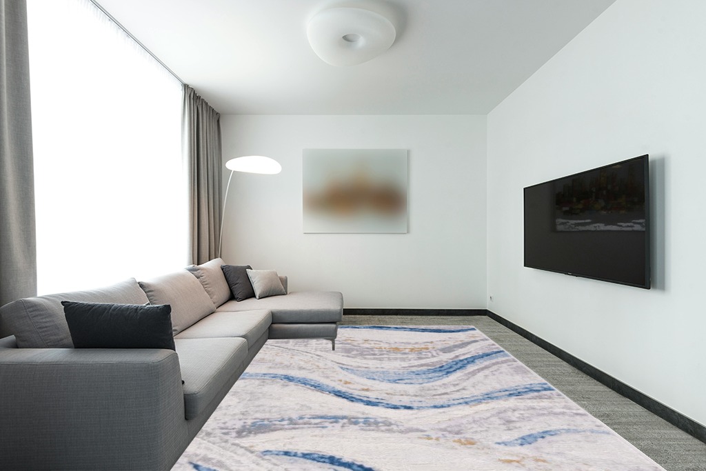 Safavieh Palma Collection Area Rug - 9' x 12', Beige & Light Blue, Modern Abstract Design, Non-Shedding & Easy Care, Ideal for High Traffic Areas in Living Room, Bedroom (PAM334A) in Modern Living Room with Grey Couch