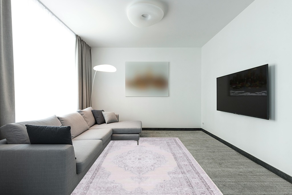 SAFAVIEH Tucson Collection Area Rug - 6' x 9', Beige & Light Green, Persian Design, Non-Shedding Machine Washable & Slip Resistant Ideal for High Traffic Areas in Living Room, Bedroom (TSN184B) in Modern Living Room with Grey Couch