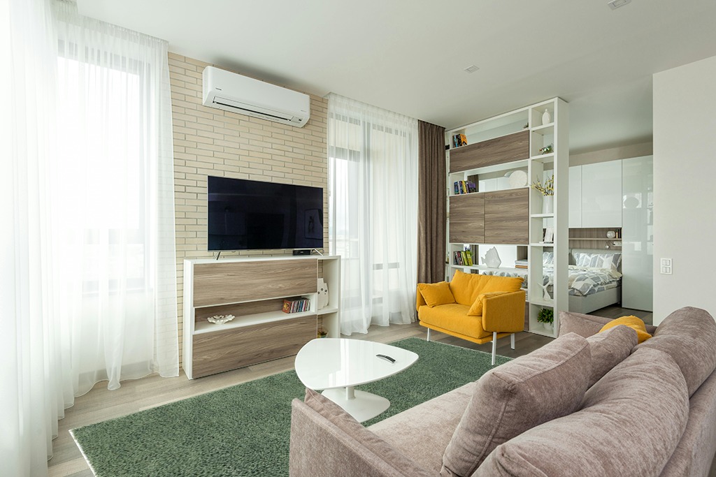 8x10 Green fluffy rug in Light Modern Living Room with TV