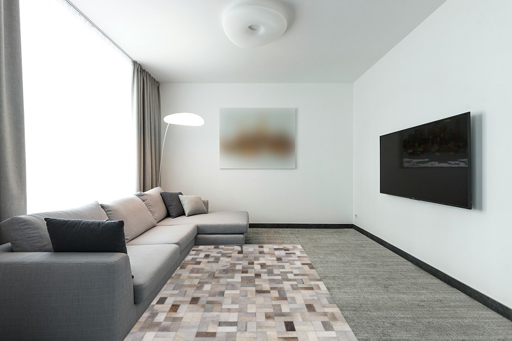 USA RUG Cowhide Grey Patchwork Home Decorative Living Room Area Rug Hand Made Cow Leather Hair (2.6x8' Runner) in Modern Living Room with Grey Couch
