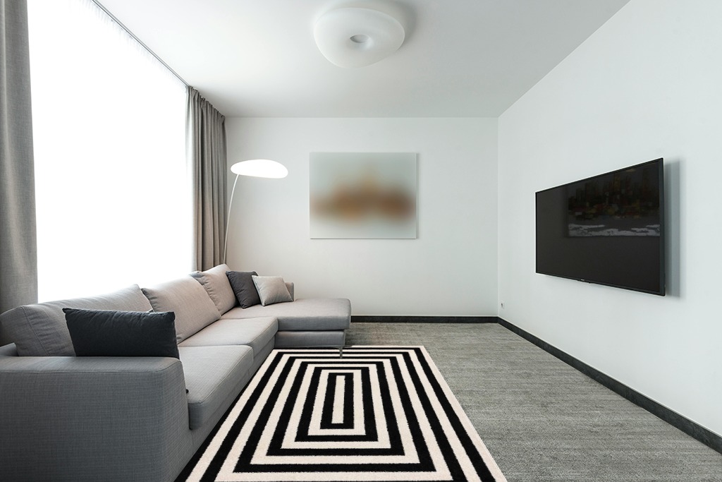 Abani Contemporary Black & Ivory 5'3" x 7'6" Area Rug, Contrasting Geometric Modern Stripe Symmetrical Living Room Carpet Rugs in Modern Living Room with Grey Couch