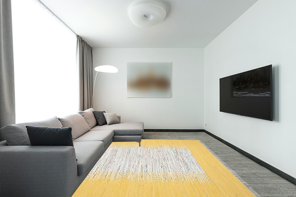 SAFAVIEH Montauk Collection Area Rug - 8' x 10', Ivory & Yellow, Handmade Stripe Fringe Cotton, Ideal for High Traffic Areas in Living Room, Bedroom (MTK711Q) in Modern Living Room with Grey Couch