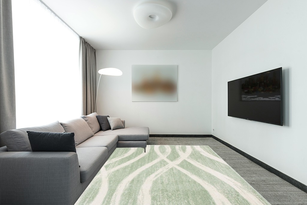 SAFAVIEH Adirondack Collection Area Rug - 8' x 10', Sage & Cream, Modern Wave Distressed Design, Non-Shedding & Easy Care, Ideal for High Traffic Areas in Living Room, Bedroom (ADR125X) in Modern Living Room with Grey Couch