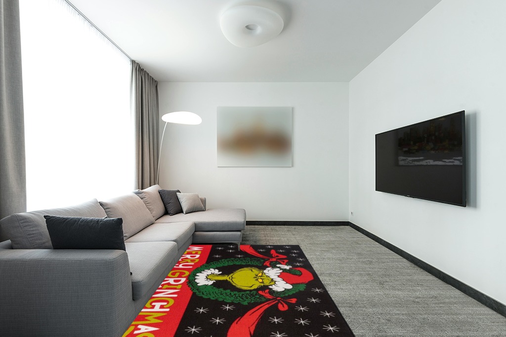 Gertmenian Kids Playroom & Game Room Carpet, The Grinch Childrens Rug, Kids Novelty Home Decor, Ideal Area Rug for Child Bedroom 54x78, Merry Grinchmas Wreath, 28601 in Modern Living Room with Grey Couch