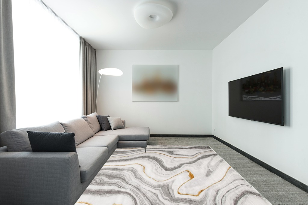 SAFAVIEH Craft Collection Area Rug - 8' x 10', Grey & Gold, Modern Abstract Design, Non-Shedding & Easy Care, Ideal for High Traffic Areas in Living Room, Bedroom (CFT819F) in Modern Living Room with Grey Couch