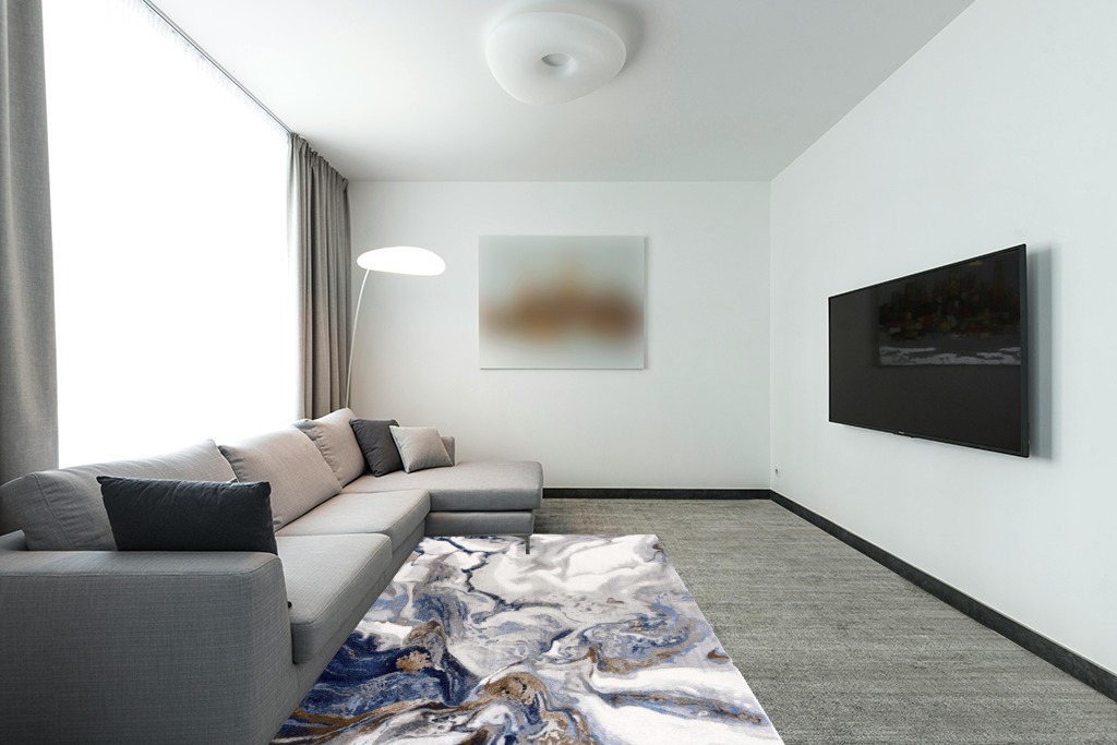 Abani Rugs Abstract Design 5’3” x 7’6” (5'x8') Bedroom Rug - Grey, Brown & Blue Modern Multi-Dimensional Non-Shedding Area Rug in Modern Living Room with Grey Couch