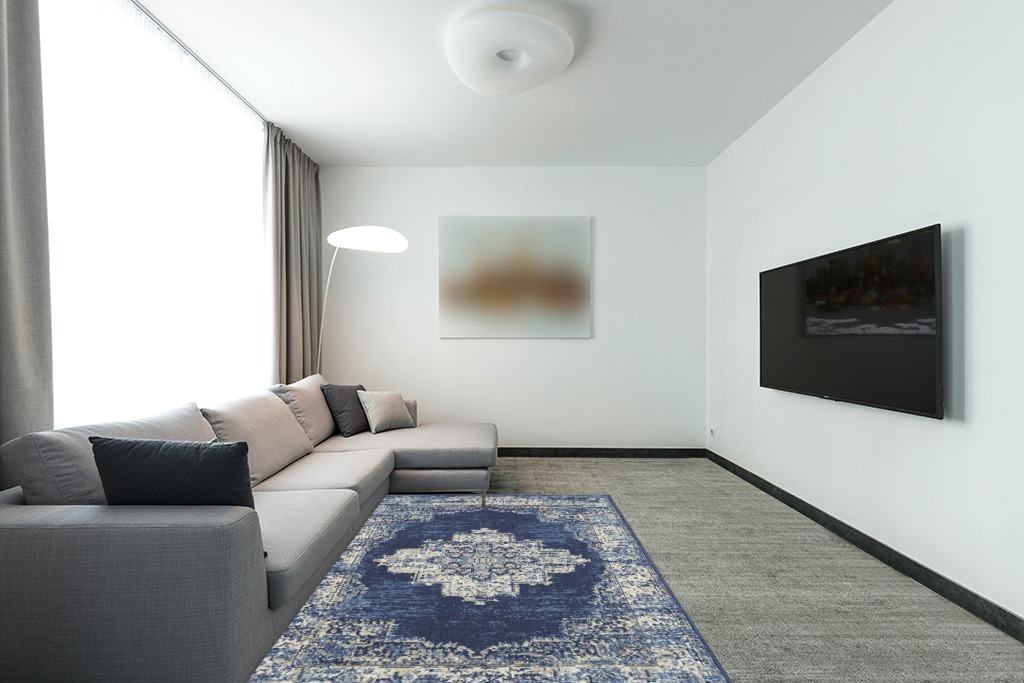 ‎Navy Blue ‎Modern ‎Lightweight ‎Living Room ‎Area Rug in Modern Living Room with Grey Couch