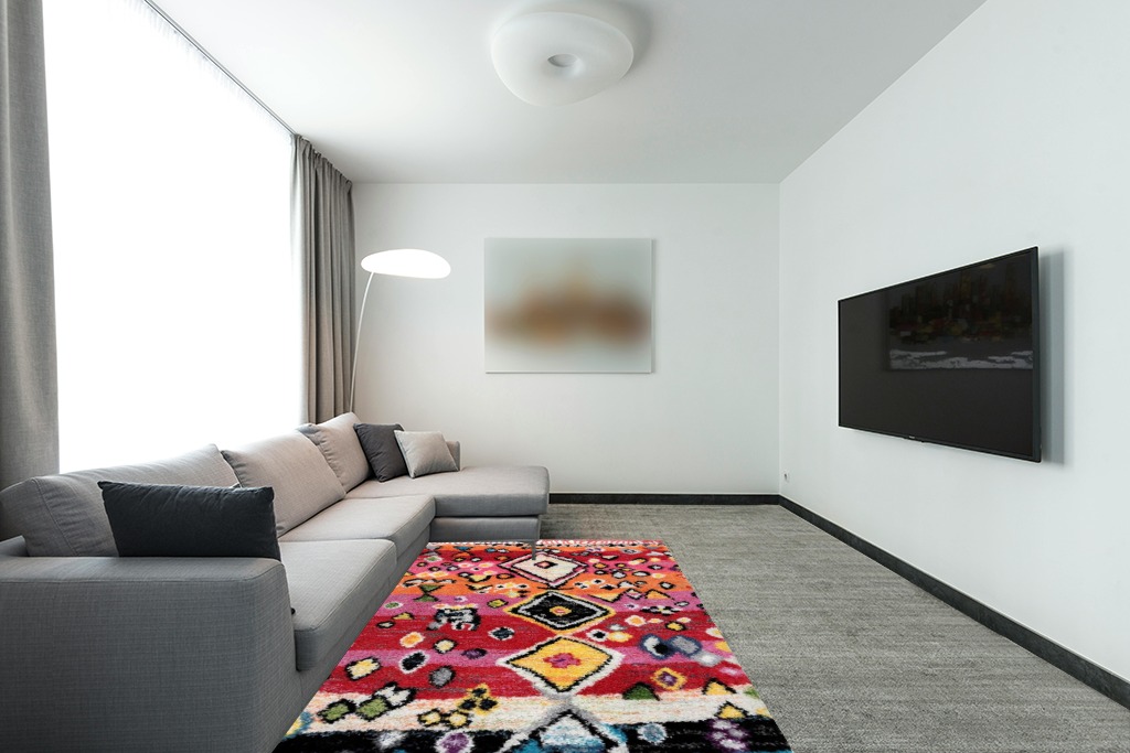 nuLOOM Alane Moroccan Tassel Shaggy Area Rug, 5x8, Multi in Modern Living Room with Grey Couch