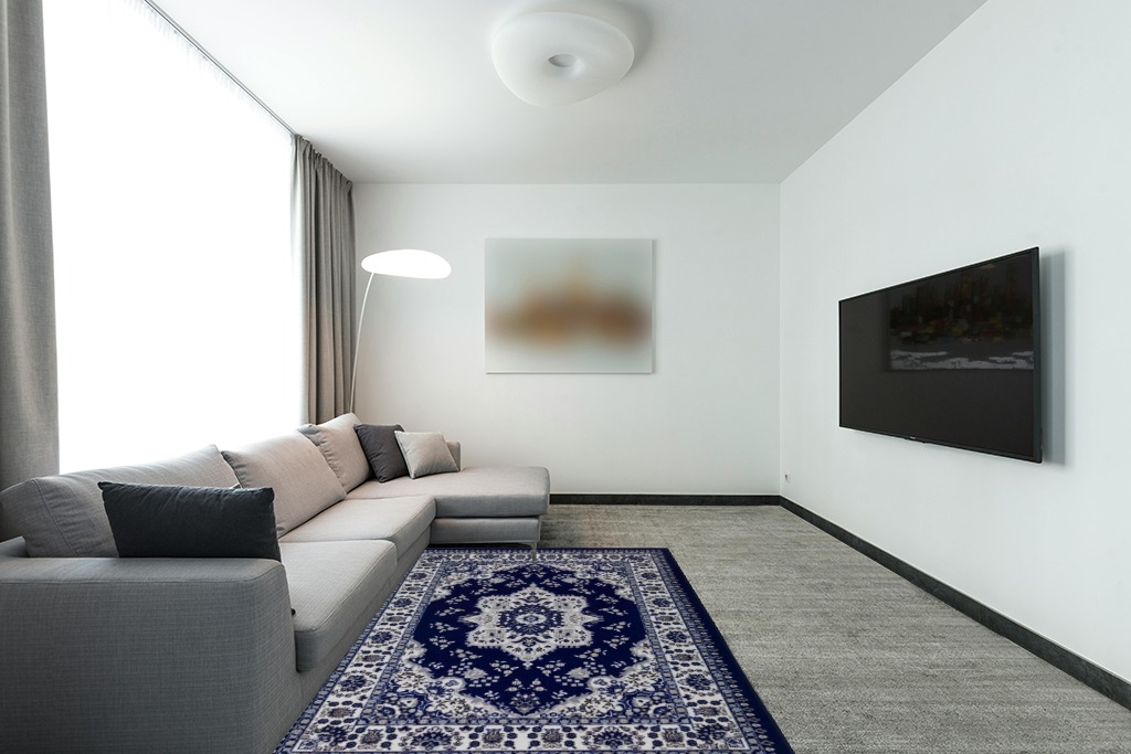 Antep Rugs Alfombras Oriental Traditional 5x7 Non-Skid (Non-Slip) Low Profile Pile Rubber Backing Indoor Area Rugs (Navy Blue, 5' x 7') in Modern Living Room with Grey Couch