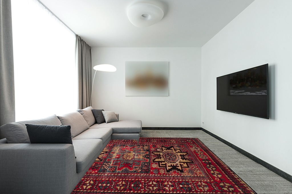 SAFAVIEH Vintage Hamadan Collection Area Rug - 8' x 10', Red & Multi, Oriental Traditional Persian Design, Non-Shedding & Easy Care, Ideal for High Traffic Areas in Living Room, Bedroom (VTH213A) in Modern Living Room with Grey Couch