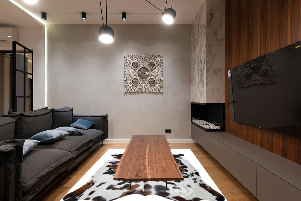 Sunshine Cowhides Genuine Tricolor Spotted Cowhide Rug - Luxurious Cow Rug for Bedroom, Living Room, and Home Decor Enthusiasts - Masterpiece of Style and Functionality - 6x6-7ft (180x210cm) in Dark Wood Living Room with Black Couch