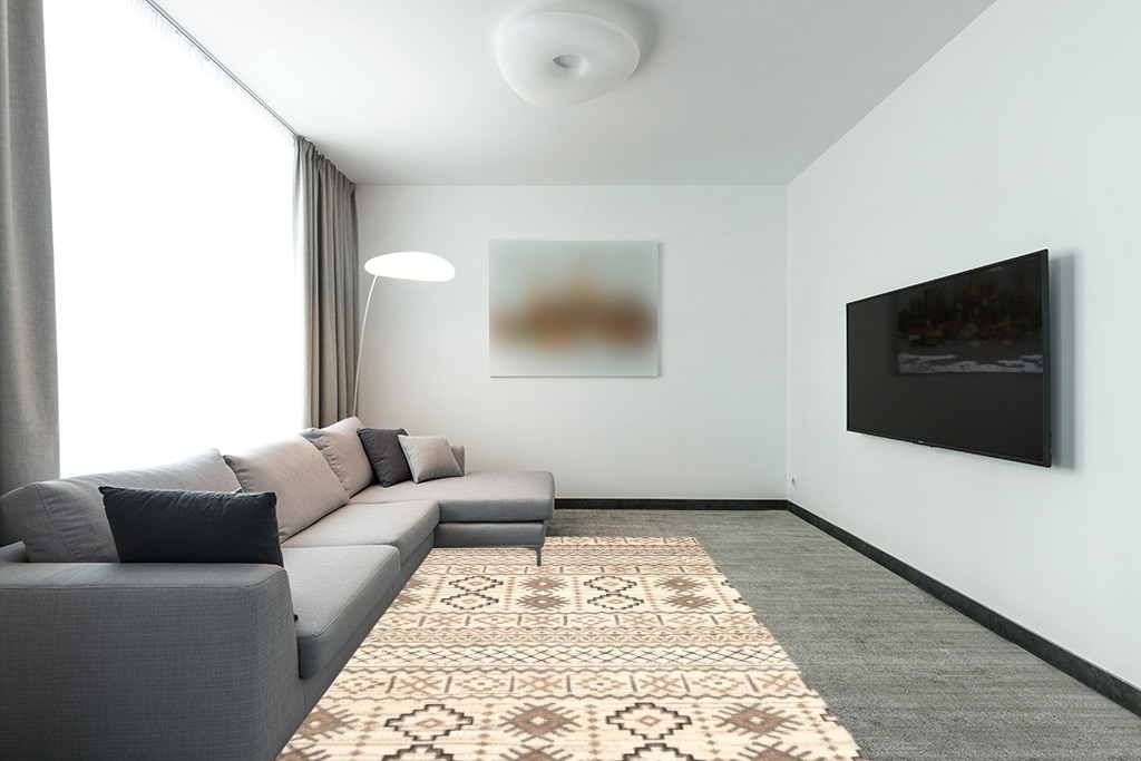 Brayden Studio Eldert Hand-Knotted Beige Area Rug, Size: Rectangle 6' x 9' in Modern Living Room with Grey Couch