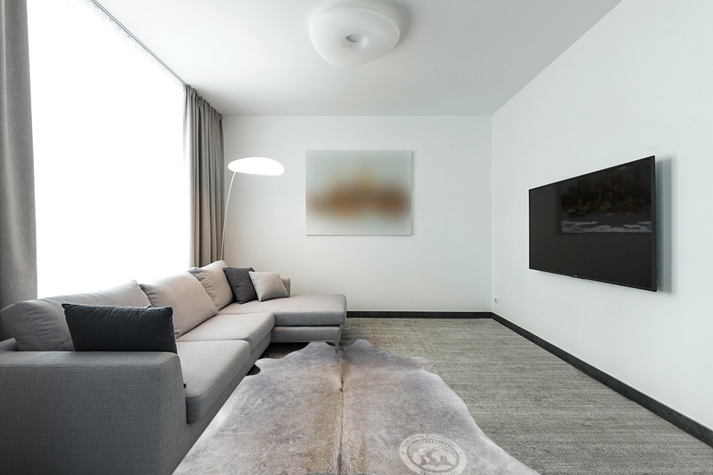 Genuine Grey Beige Cowhide Rug XL 6 x 7-8 ft. 180 x 240 cm in Modern Living Room with Grey Couch