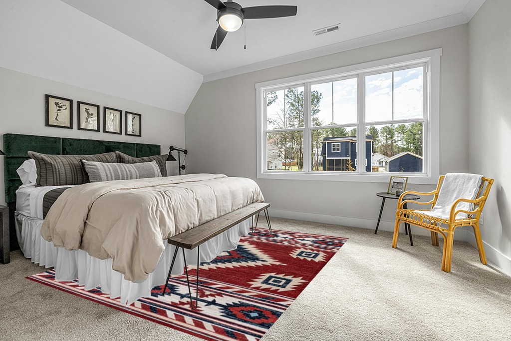 Eyely CWS100A-8 South Western Serape Medallion Southwestern Indoor Area Rug Geometric;Cottage;Bohemian;Classic, Bedroom, Kitchen, Living Room, Easy-Cleaning, Non-Shedding, 8 X 10, Red/Navy/Cream in Grey Traditional Bedroom with King Bed