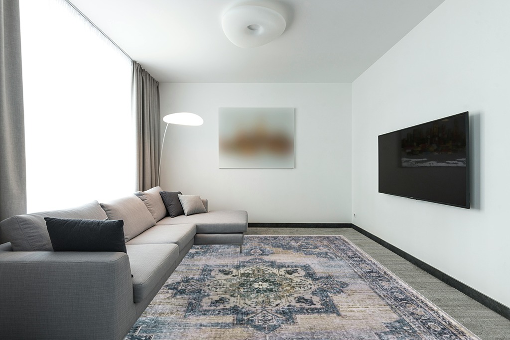 Area Rugs for Living Room: 9x12 Rug for Bedroom Machine Washable with Non Slip Backing Non Shedding, Boho Medallion Floral Large Carpet for Dining Room Nursery Home Office Indoor Decor Gray/Blue in Modern Living Room with Grey Couch