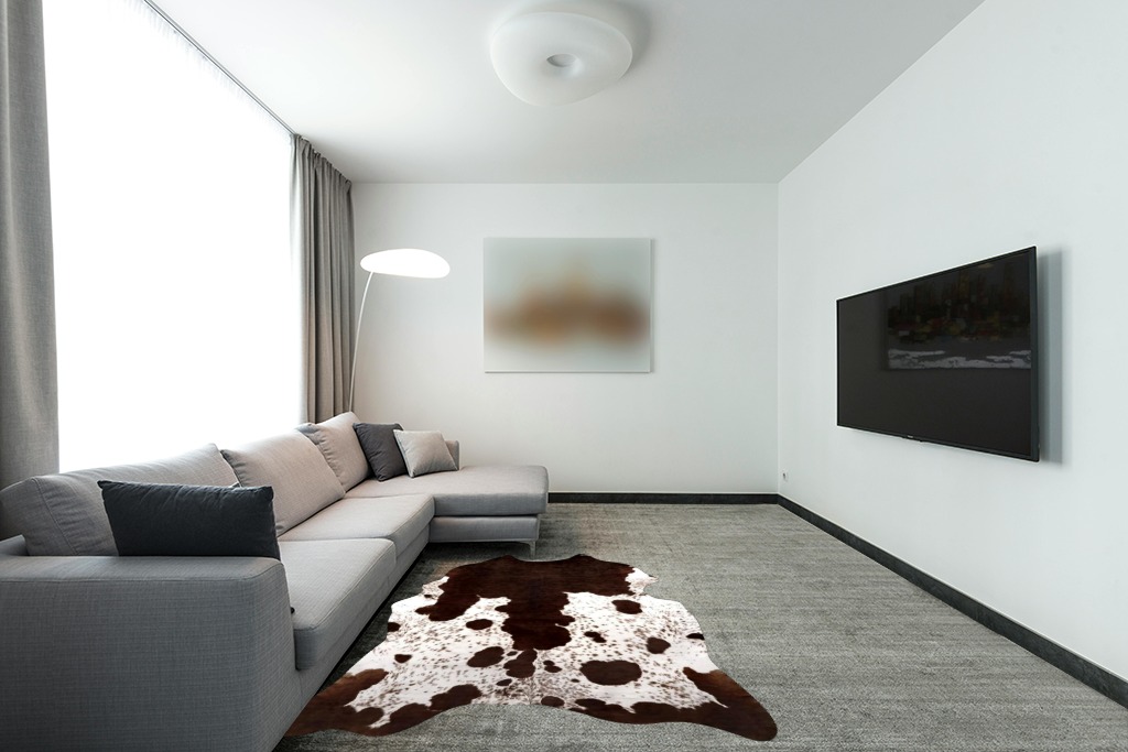 Quenlife Cowhide Rug for Living Room, Soft Cow Print Rug Cute Cow Rug for Bedroom, Cow Hide Rug Faux Animal Rug for Western Home Theme Room Decor, White and Browm, 5.2 x 6.2 ft in Modern Living Room with Grey Couch