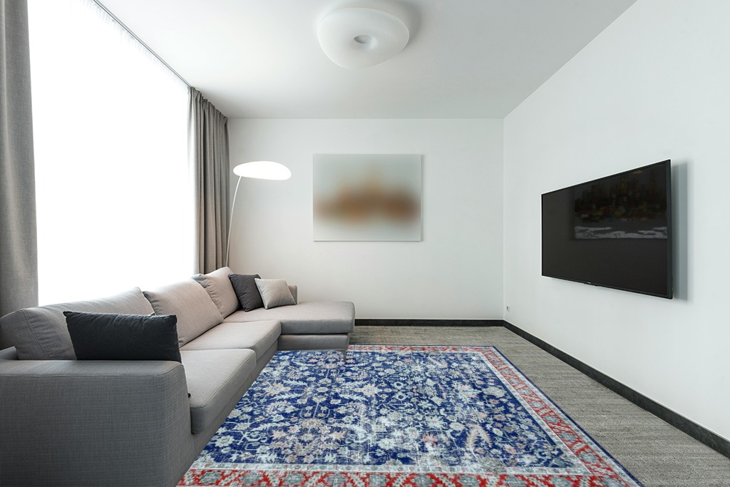 FairOnly Washable Rug 8x10 for Living Room Farmhouse Vintage Boho Persian Floral Area Rug for Bedroom Dinning Room Office Non-Shedding Indoor Rug Home Decor, Blue in Modern Living Room with Grey Couch